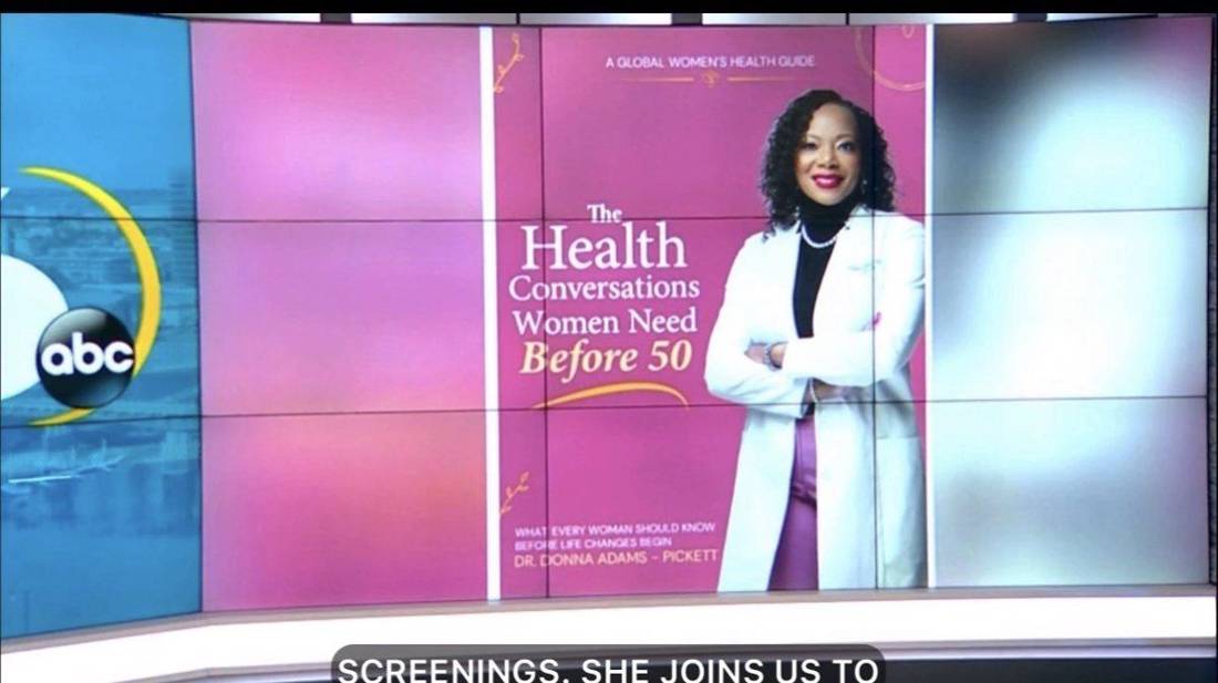 The cover of The Health Conversations Women Need Before 50 by Dr. Donna Adams-Pickett on screen during an ABC segment