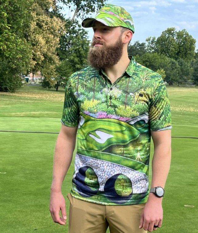 Golf polo and cap printed with Valentino Dixon's course artwork