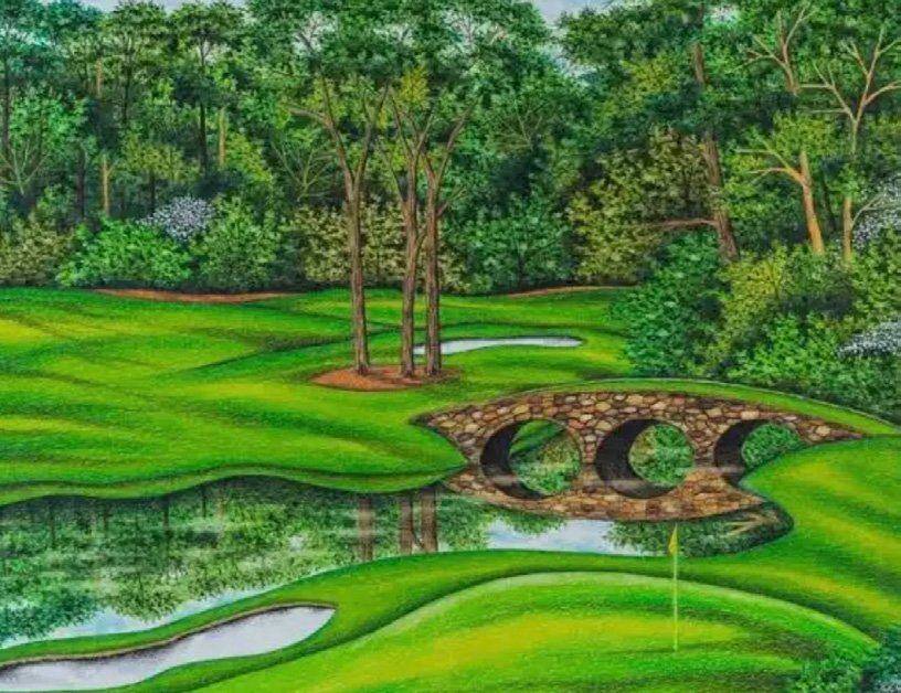 Valentino Dixon's colored pencil drawing of a golf hole with a stone bridge over water