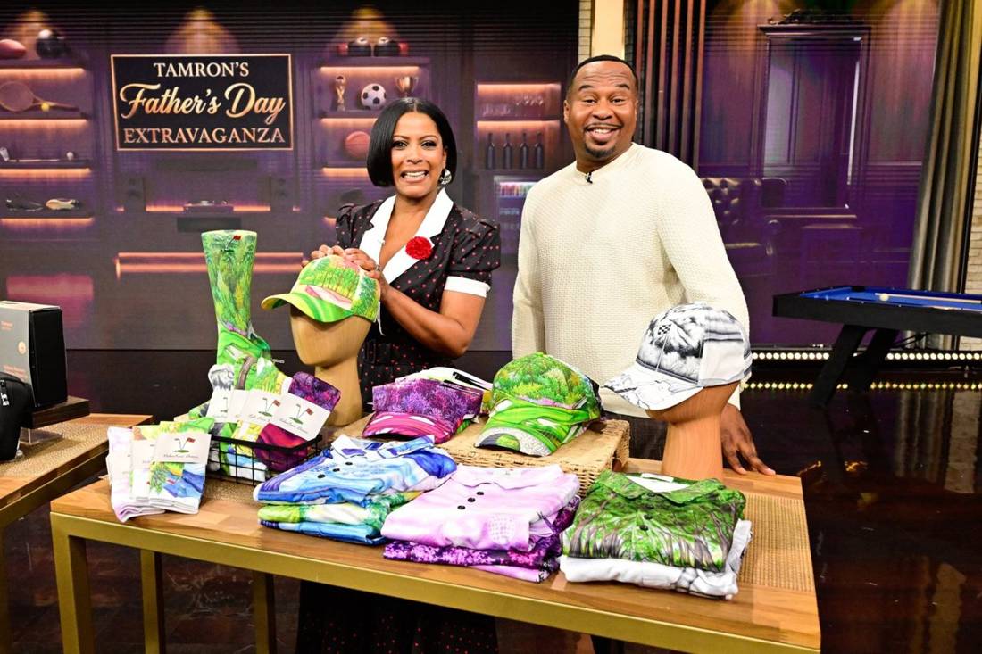 Tamron Hall and Roy Wood Jr. with Valentino Dixon's golf apparel line on The Tamron Hall Show