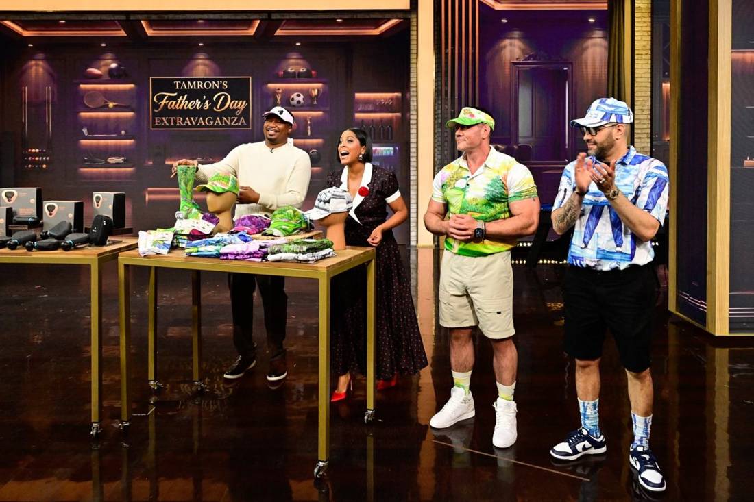 Valentino Dixon's hats, socks and polos on set at Tamron's Father's Day Extravaganza, with models wearing his designs
