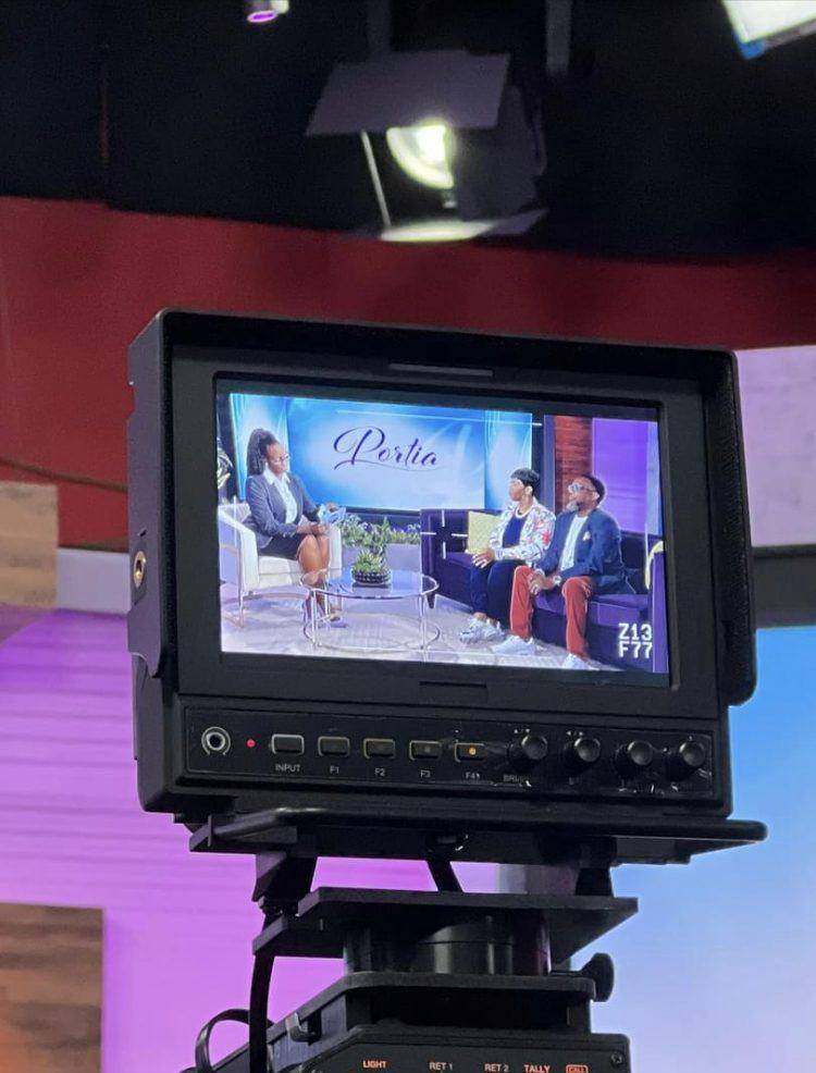 Studio camera monitor showing a Portia segment in progress